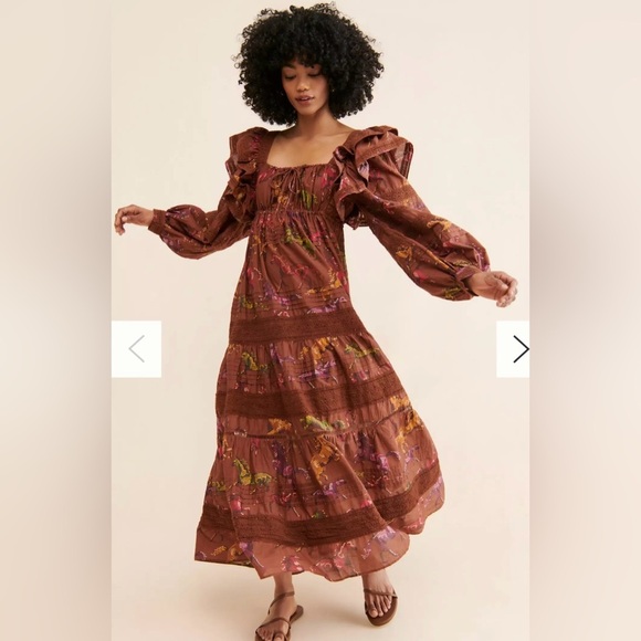 Farm Rio Dress Womens Medium Brown Dotted Horses Maxi Square Neck Lace Tier Boho - Picture 1 of 13